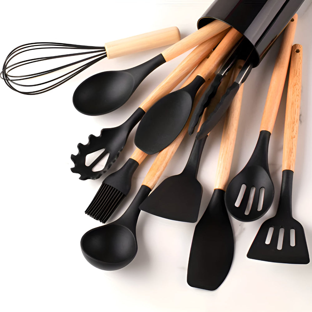12-teiliges Küchenhelfer-Set aus Silikon mit Holzgriff