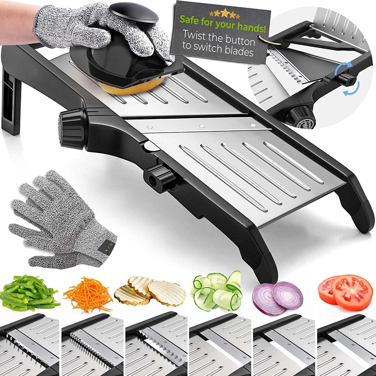 Verstellbarer Mandoline-Gemüsehobel mit Schutzhandschuhen