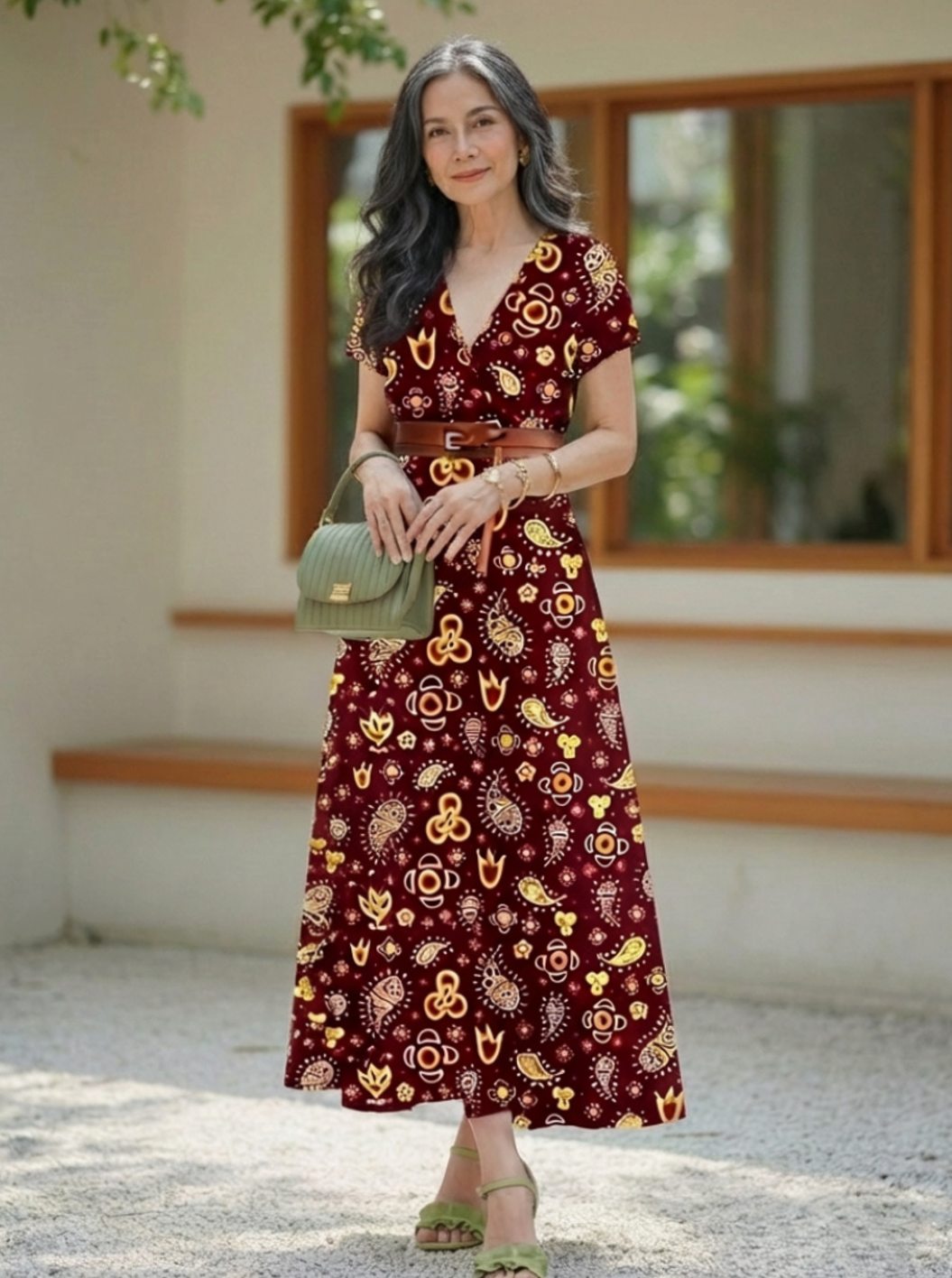 Blumiges Damen-Midikleid mit V-Ausschnitt und kurzen Ärmeln