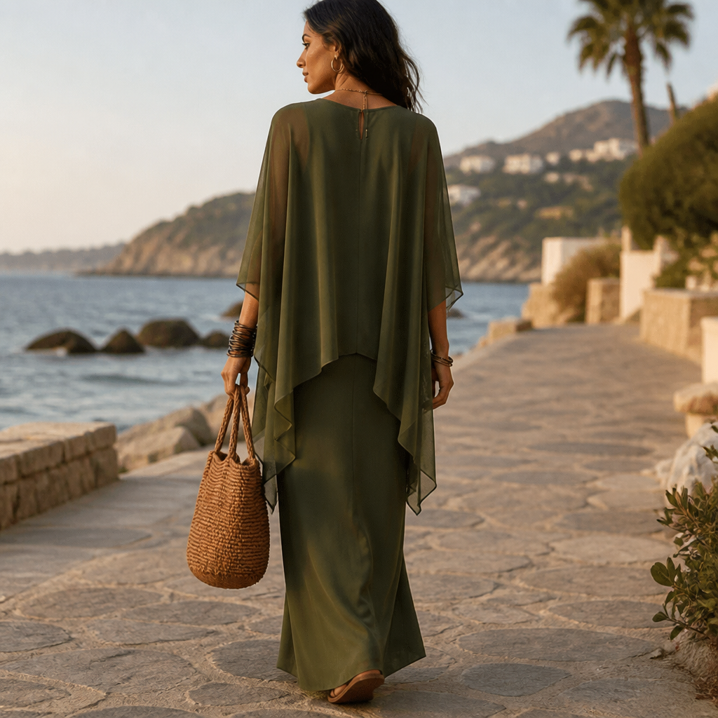 Drapiertes Maxikleid mit Cape-Ärmeln und asymmetrischem Saum