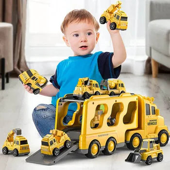 Doppelstöckiges Lastwagen-Spielset – Feuerwehr- und Baustellenthema, mit Musik