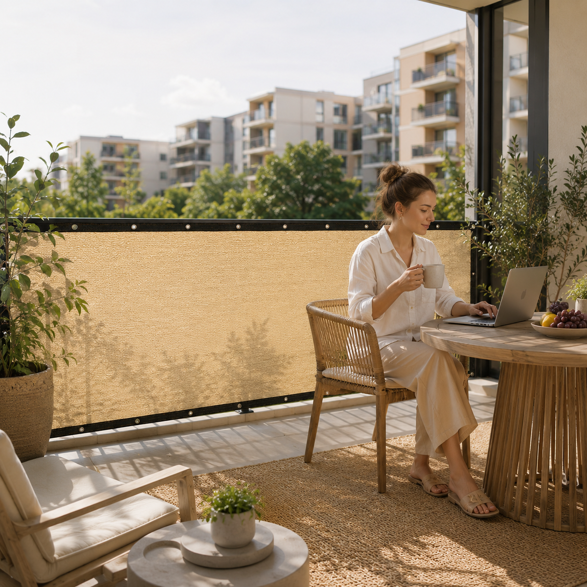 Balkon-Sichtschutzparavent – Sonnen- und Windschutznetz mit Ösen