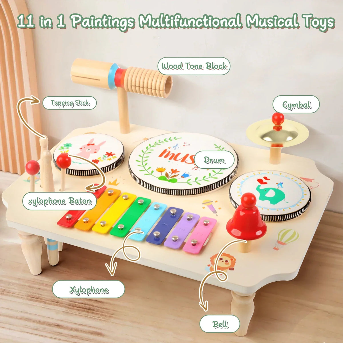 Kinder-Musikinstrumenten-Set aus Holz mit Xylophon und Trommeln