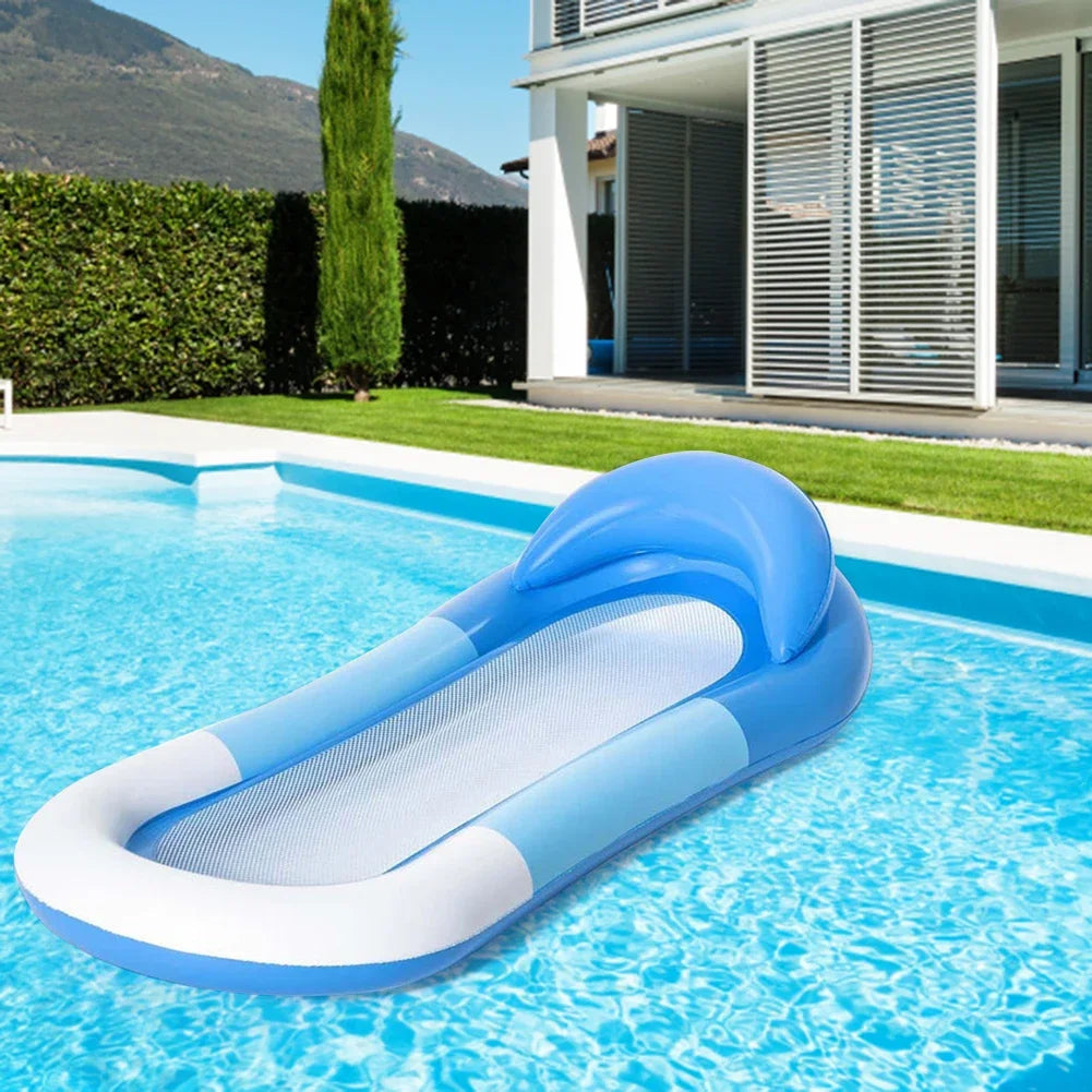 Aufblasbare Luftmatratze mit kühlendem Netz und Kissen – bequeme Wasserhängematte für Strand- und Poolentspannung