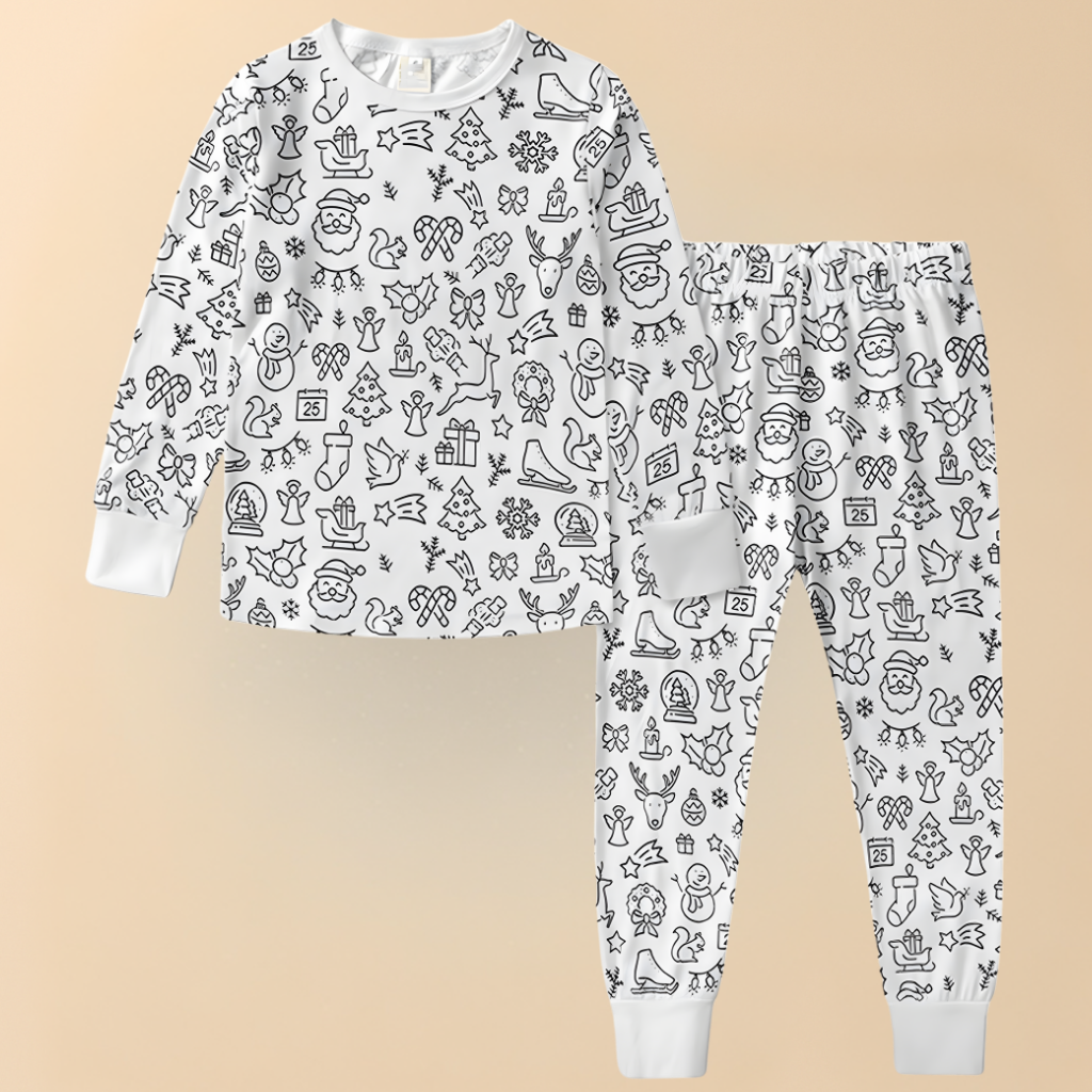 Kinder Weihnachts-Doodle-Pyjamaset – Langarm-Oberteil und Hose – Festliche Nachtwäsche