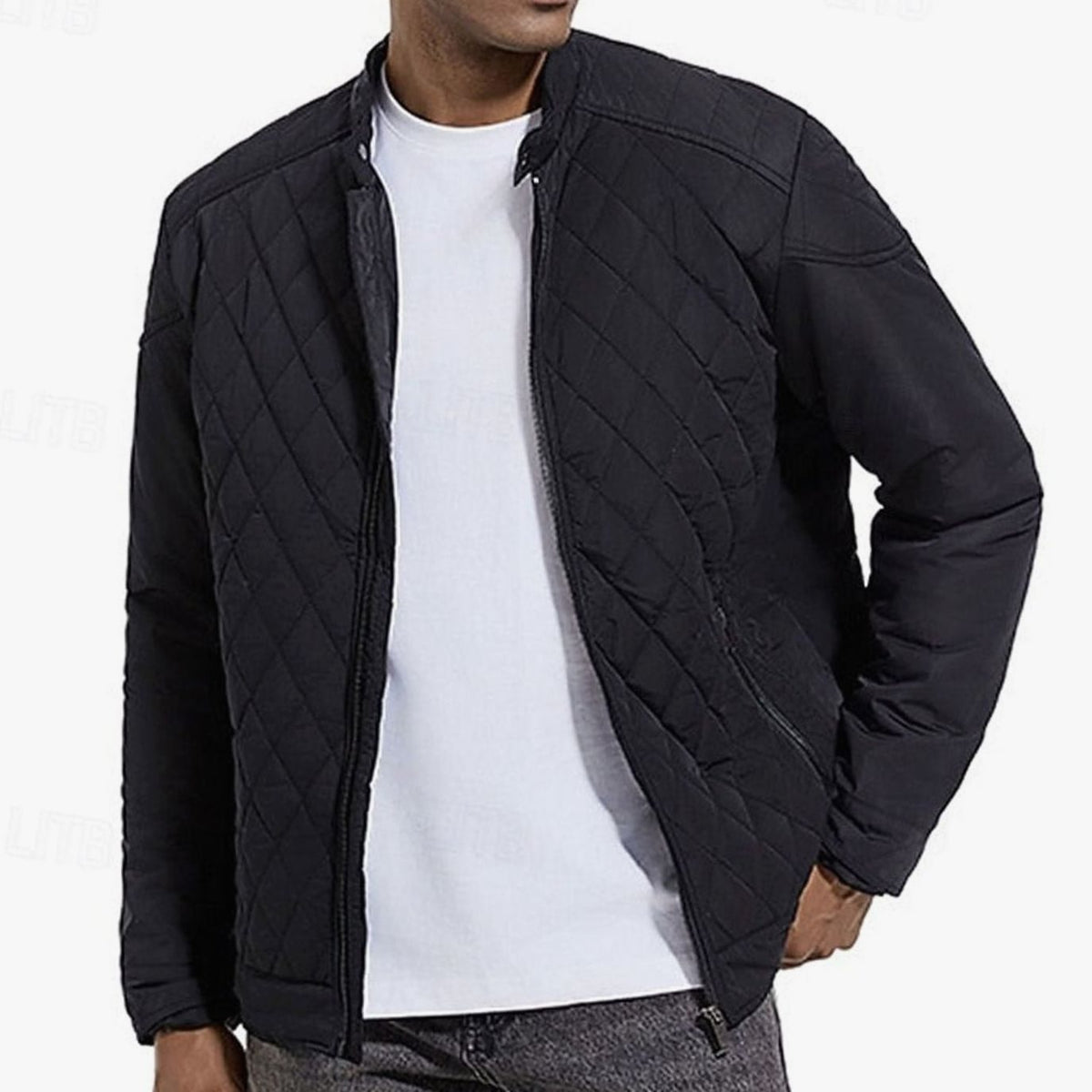 Herren-Steppjacke mit Rautenmuster, Stehkragen und Reissverschluss