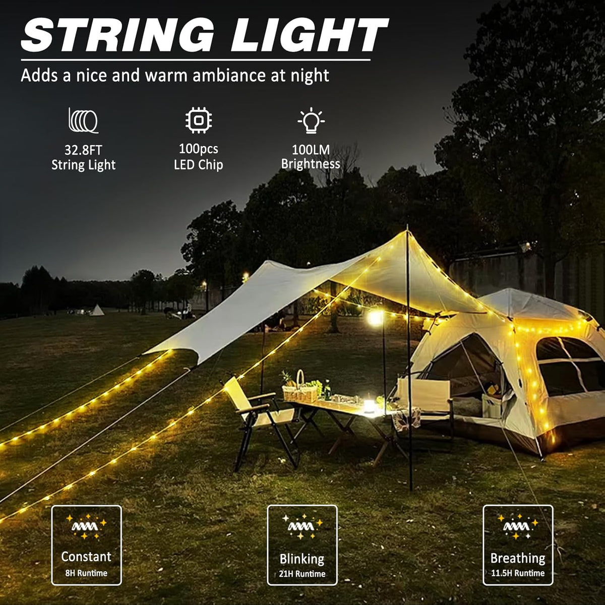 Tragbare LED-Camping-Lichterkette – USB-wiederaufladbare, wasserdichte Lichterkette für den Innen- und Aussenbereich (10 m)