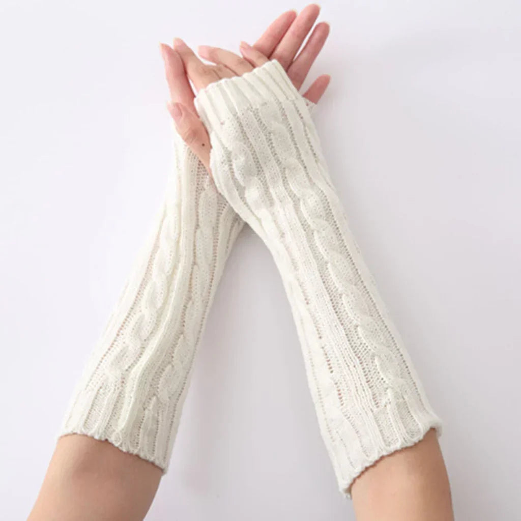 Lange gestrickte fingerlose Handschuhe