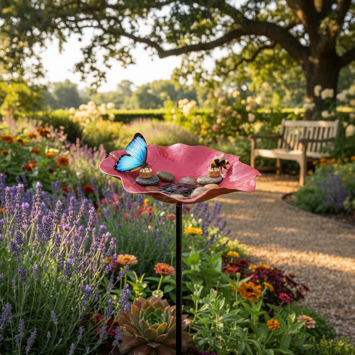 Gartentränkestation mit blütenförmiger Schale und Erdspiess