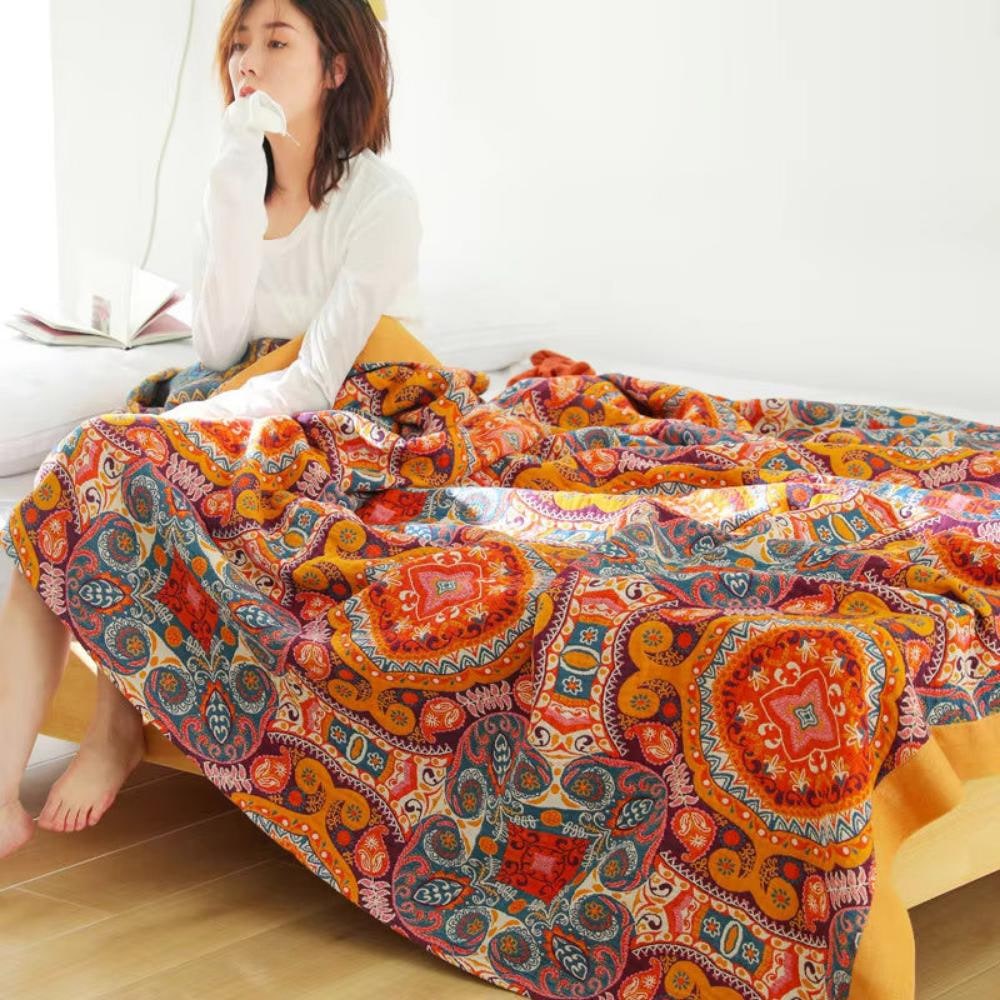 Doppelseitige Baumwoll-Kühldecke mit Boho-Muster – atmungsaktiv und maschinenwaschbar