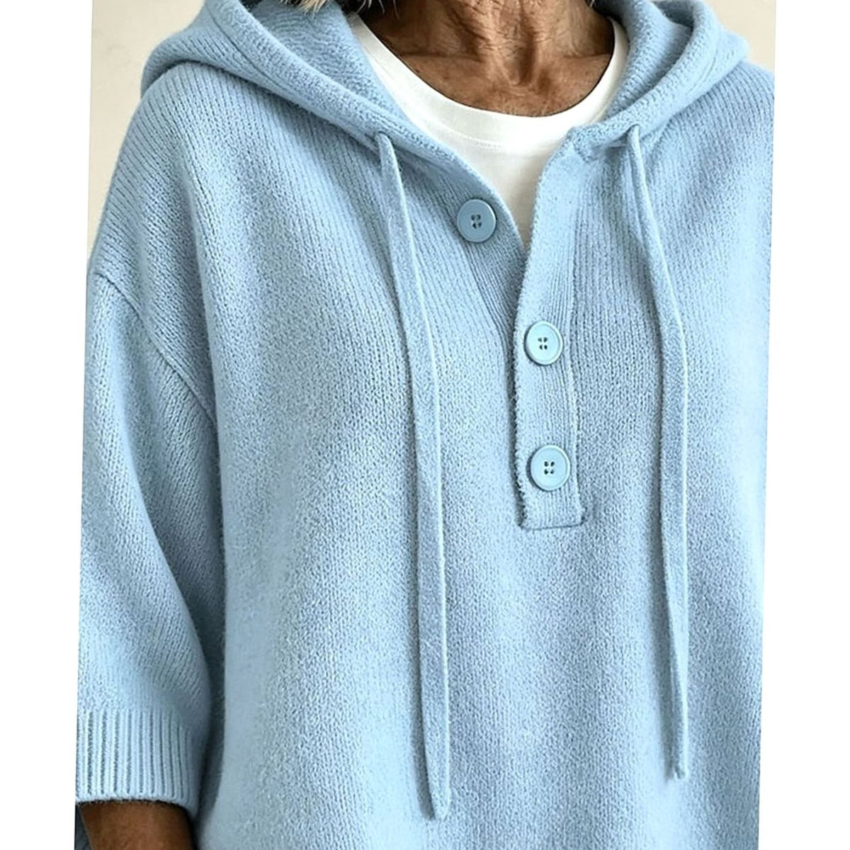 Lässiger Damen-Kapuzenstrickpullover mit halber Knopfleiste und 3/4-Ärmeln