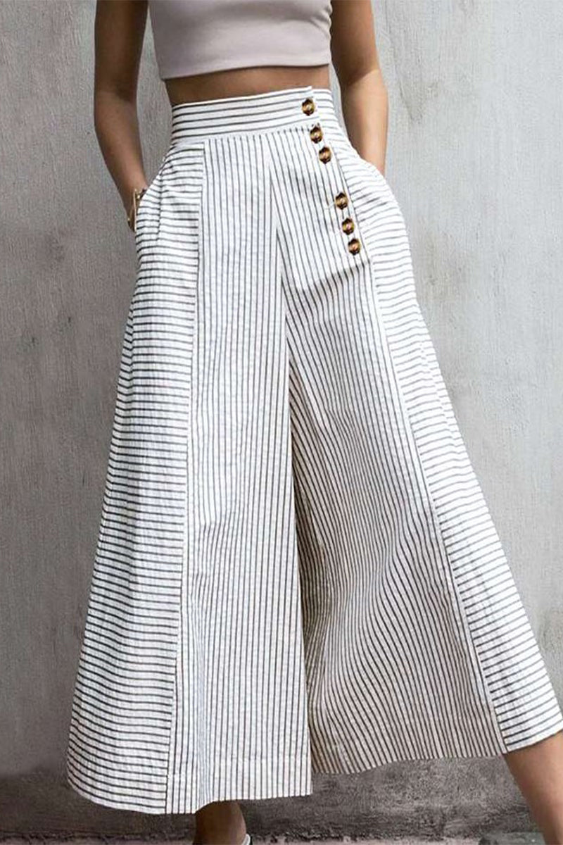 Gestreifte Hose mit weitem Bein, hoher Taille und Taschen aus leichter Baumwollmischung