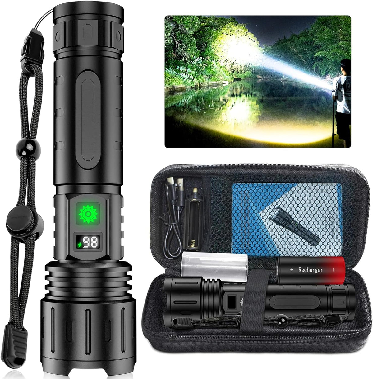 Helle, wiederaufladbare LED-Taschenlampe mit Zoomfunktion