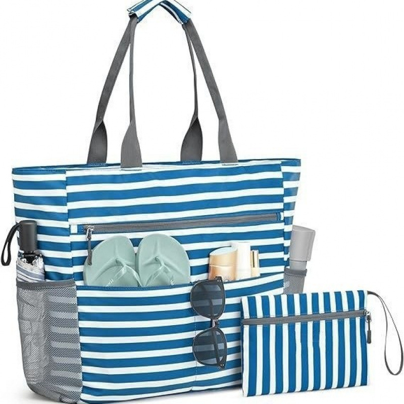 Grosse, wasserdichte Strandtasche mit Reissverschluss – geräumige, faltbare Tasche für Sommerausflüge mit 13 Fächern