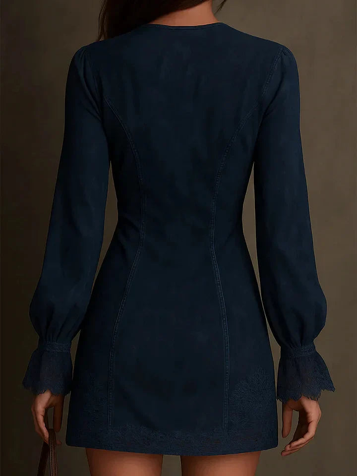 Damen A-Linien Jeans-Minikleid mit langen Ärmeln und Spitzensaum