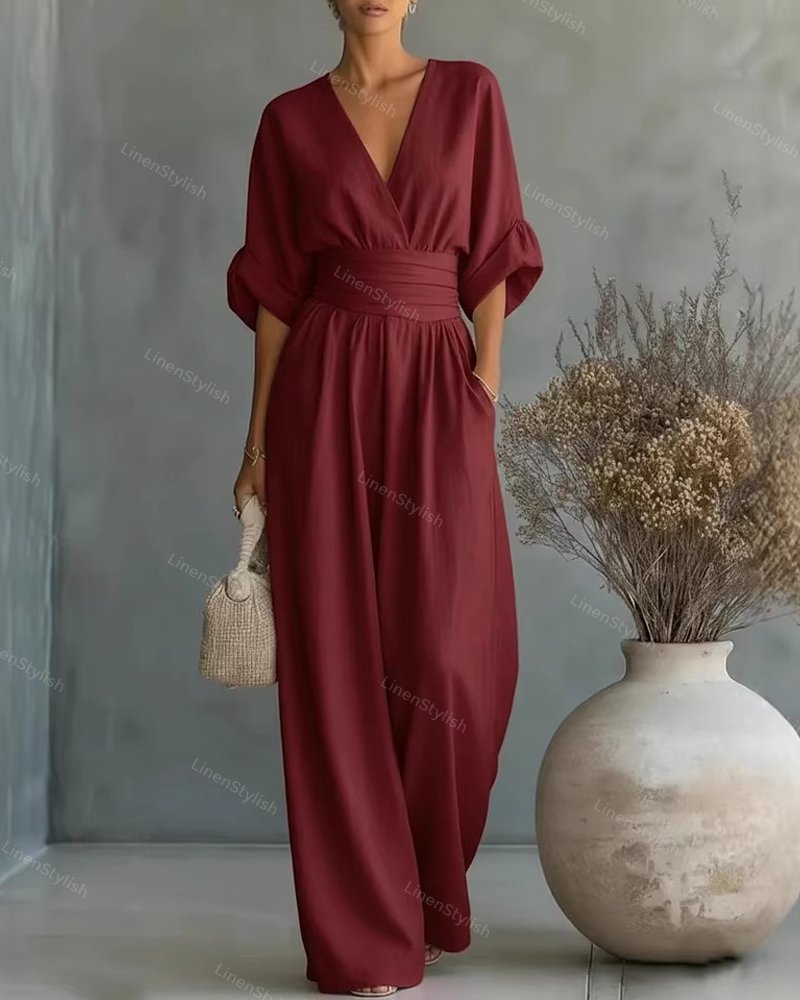 Langer Damen-Jumpsuit mit V-Ausschnitt in Wickeloptik