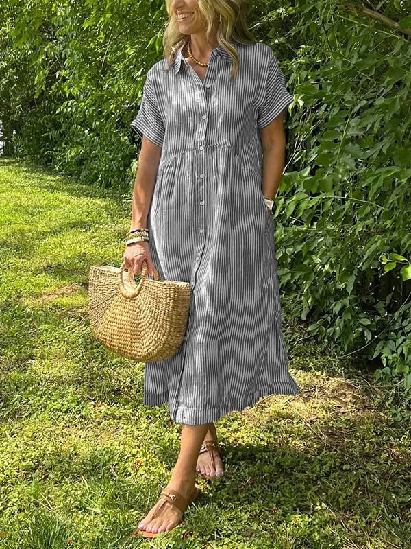 Gestreiftes Damen-Hemdblusenkleid in Midilänge