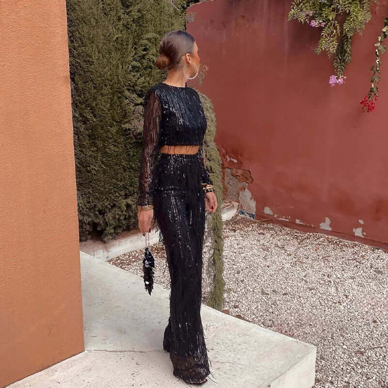 Damen-Set mit Pailletten-Crop-Top und Hose