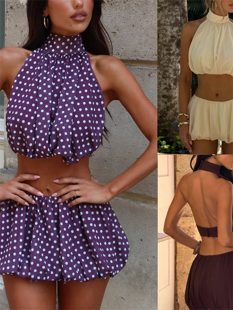 Damen Zweiteiler mit Neckholder-Top und Ballon-Minijupe | Rückenfreier Stil
