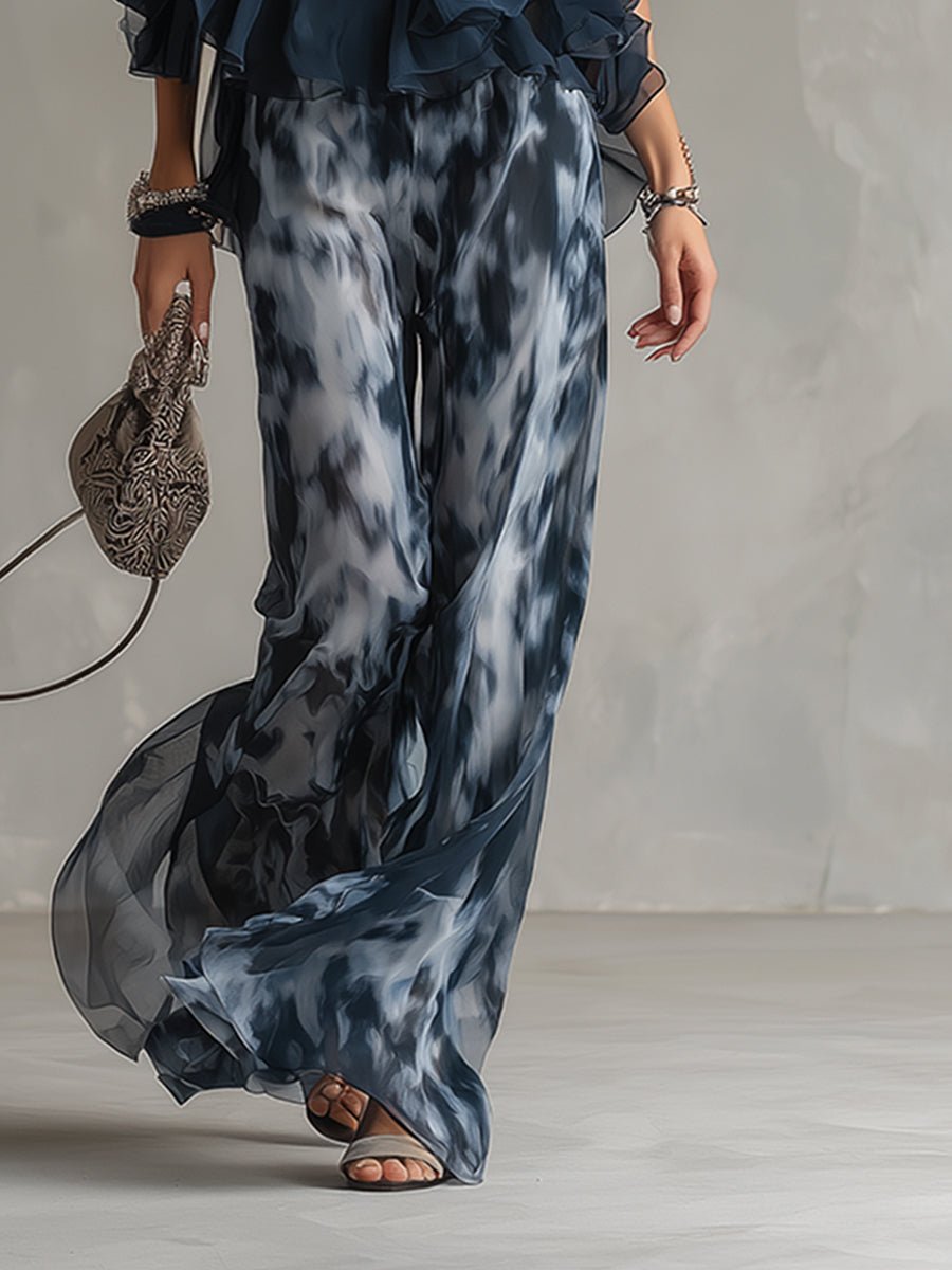 Zweiteiliges Damen-Set mit Neckholder-Rüschenbluse und Hose mit weitem Bein
