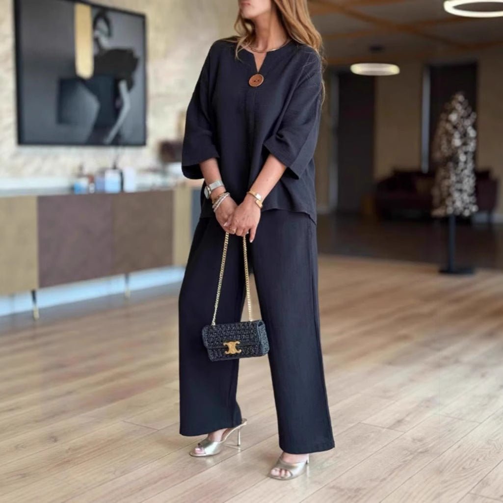 Lässiges Damen-Set in Leinenoptik mit 3/4-Arm-Tunika und Hose mit weitem Bein