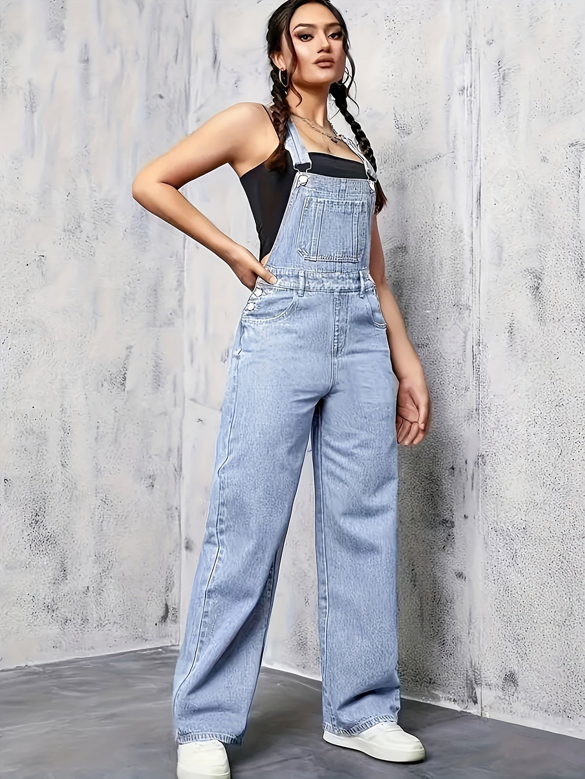 Ärmellose Denim-Latzhose für Damen mit weitem Bein