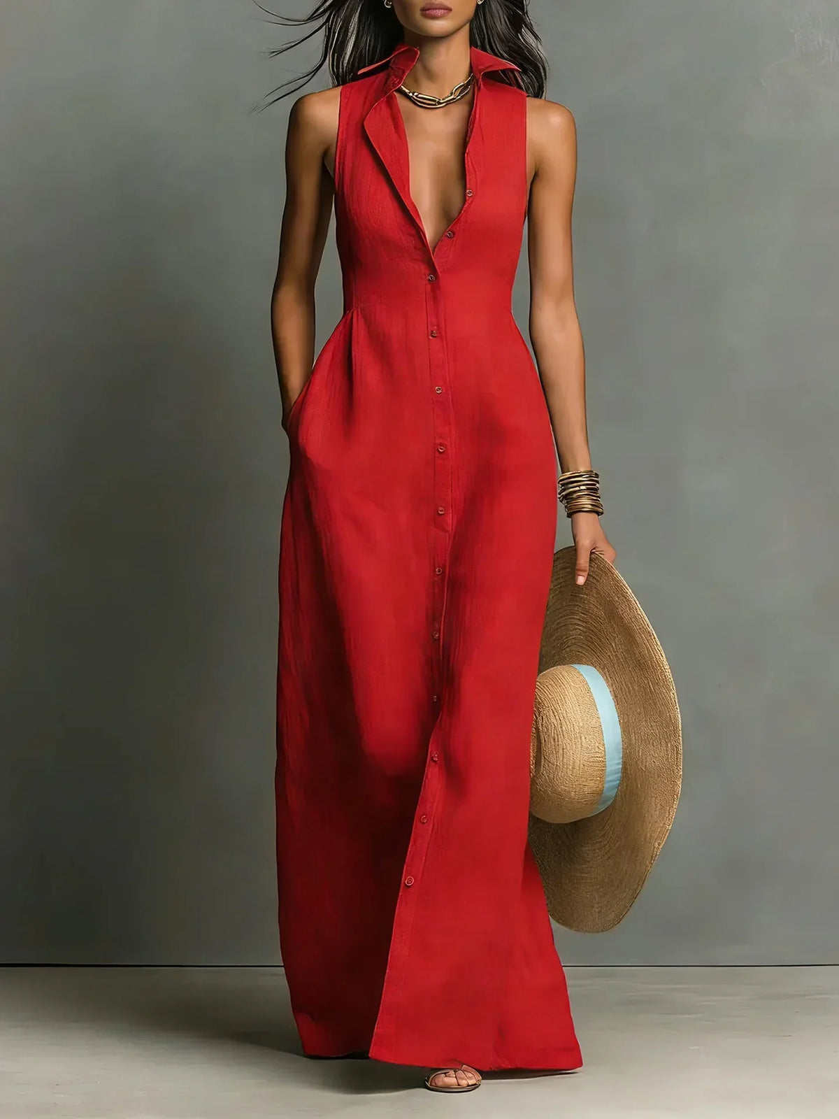 Damen Maxi-Hemdblusenkleid mit V-Ausschnitt