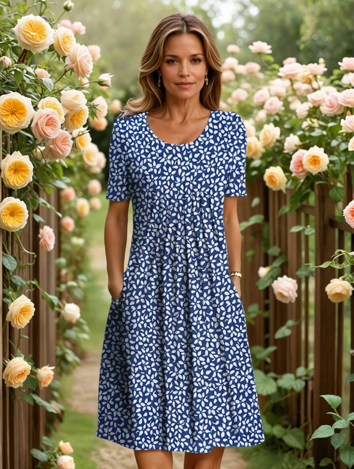 Damen Midikleid in A-Linie mit Blumenmuster und V-Ausschnitt