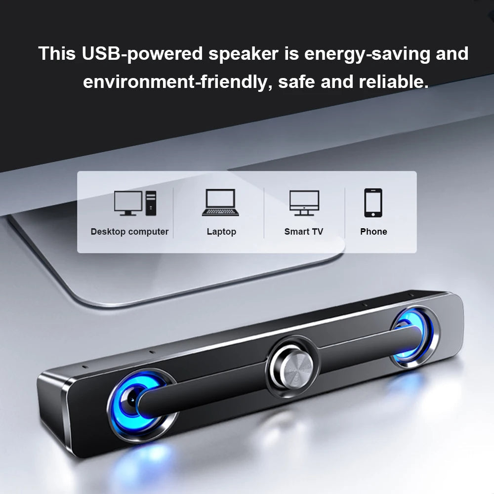 PC-Soundbar-Lautsprecher – USB-betrieben mit LED-Beleuchtung und 3,5-mm-Klinkenanschluss für Laptop und TV