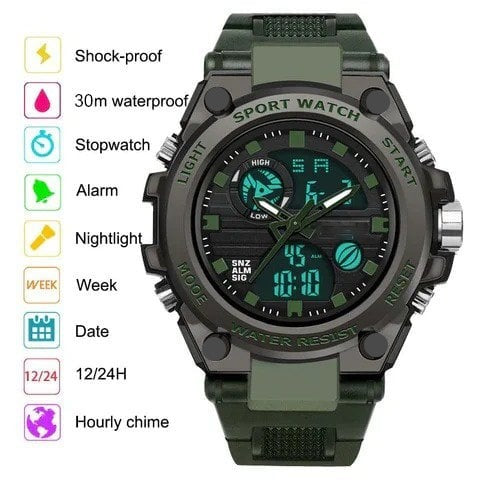 Sportliche, multifunktionale, wasserdichte Herrenuhr mit Doppelanzeige und Zifferblattbeleuchtung