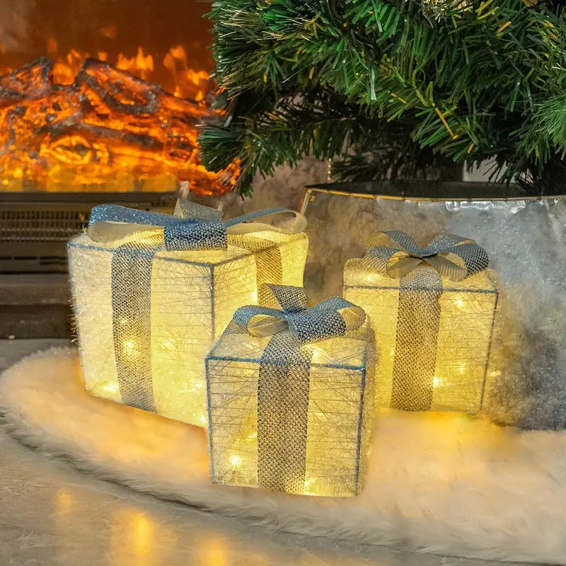 Leuchtende Weihnachts-Geschenkboxen, 3er-Set – Warmweisse LED-Weihnachtsdekoration für drinnen und draussen