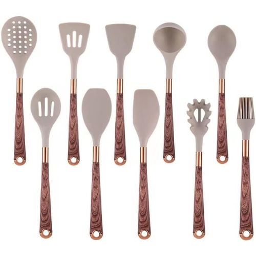 10-teiliges modernes Silikon-Küchenhelfer-Set mit Griff in Holzoptik