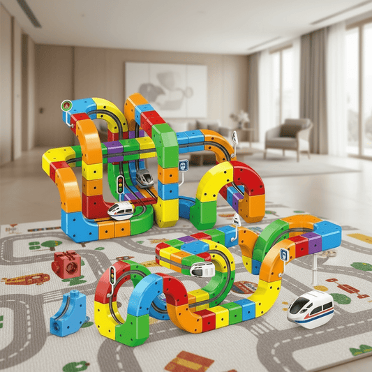 3D-Eisenbahn-Bauset für Kinder mit wiederaufladbarer Lokomotive