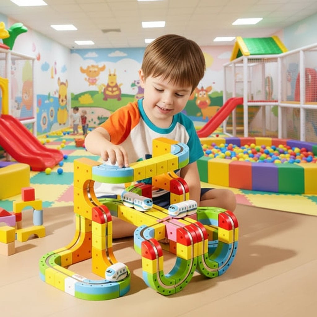 3D-Eisenbahn-Bauset für Kinder mit wiederaufladbarer Lokomotive
