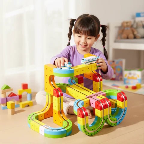 3D-Eisenbahn-Bauset für Kinder mit wiederaufladbarer Lokomotive