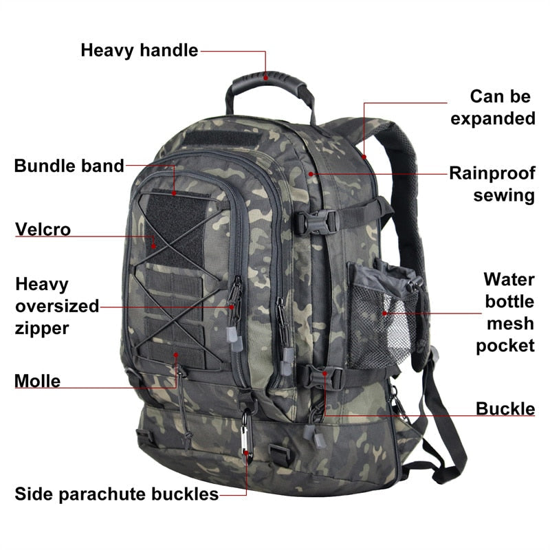 Erweiterbarer taktischer 60-Liter-Rucksack für Outdoor-Reisen
