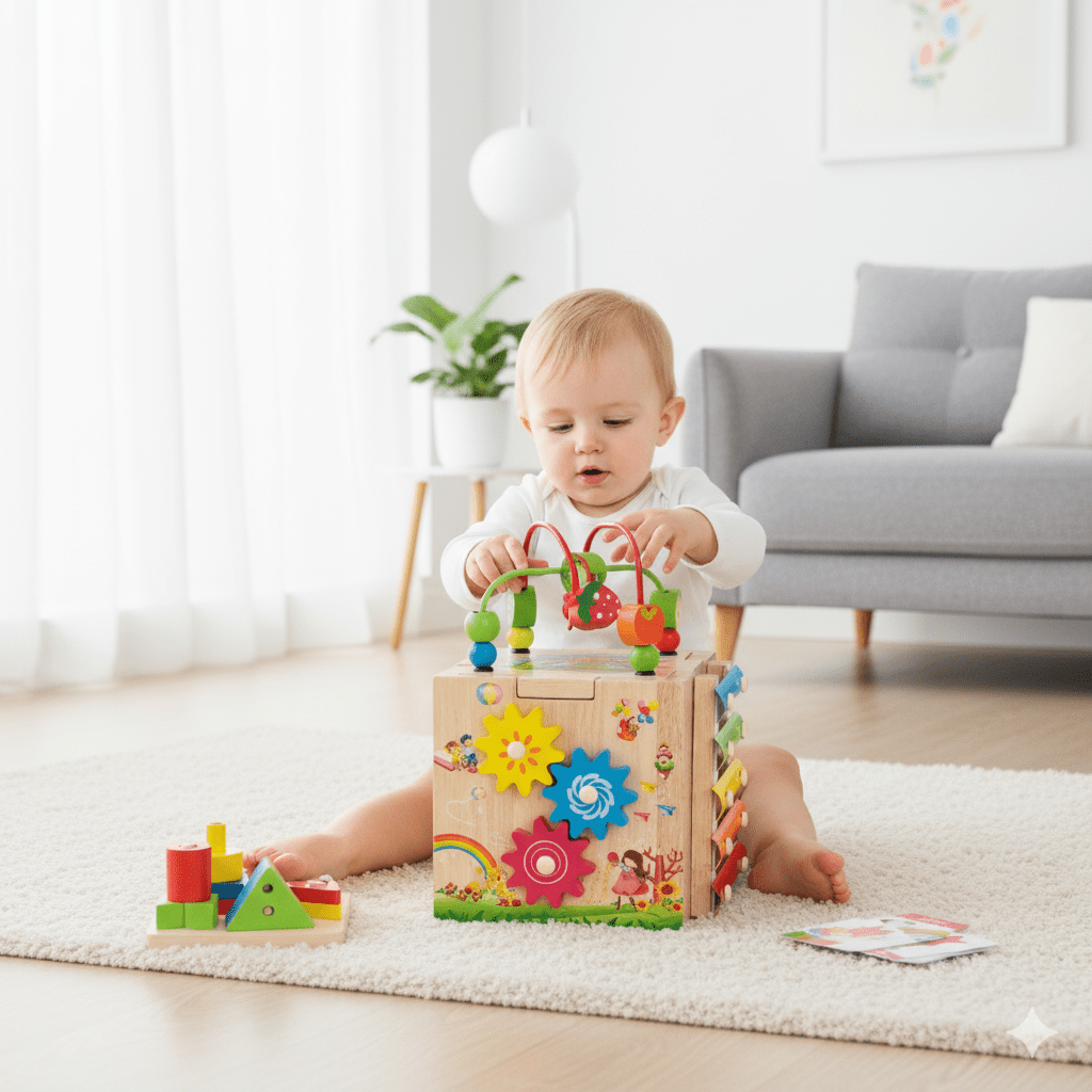 8-In-1 Montessori-Aktivitätswürfel aus Holz für Kleinkinder