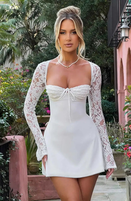 A-Linien-Spitzen-Minikleid mit langen Ärmeln