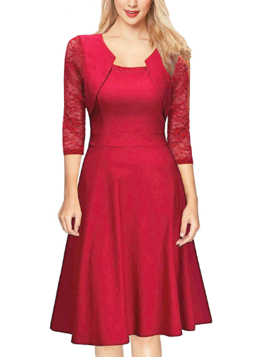 A-Linien Damen-Spitzenkleid mit 3/4-Ärmeln und Midi-Länge