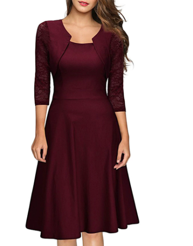 A-Linien Damen-Spitzenkleid mit 3/4-Ärmeln und Midi-Länge