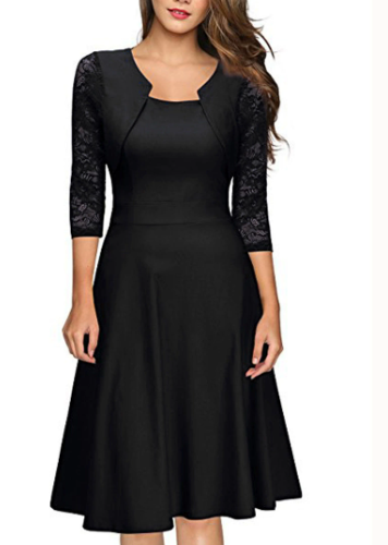 A-Linien Damen-Spitzenkleid mit 3/4-Ärmeln und Midi-Länge