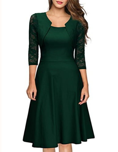 A-Linien Damen-Spitzenkleid mit 3/4-Ärmeln und Midi-Länge