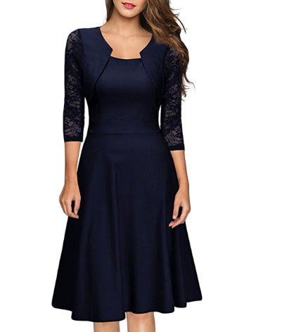 A-Linien Damen-Spitzenkleid mit 3/4-Ärmeln und Midi-Länge
