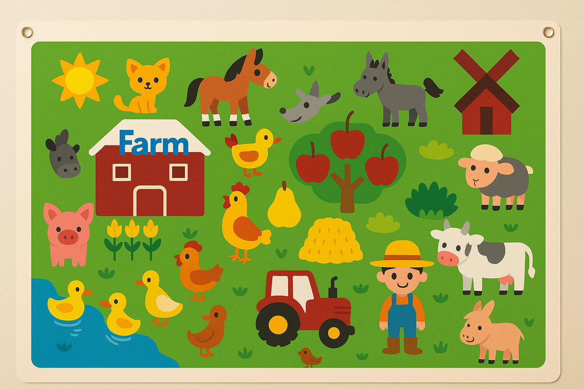 Tier-Lernwandtafel im Bauernhof- und Zoo-Thema für Kinder