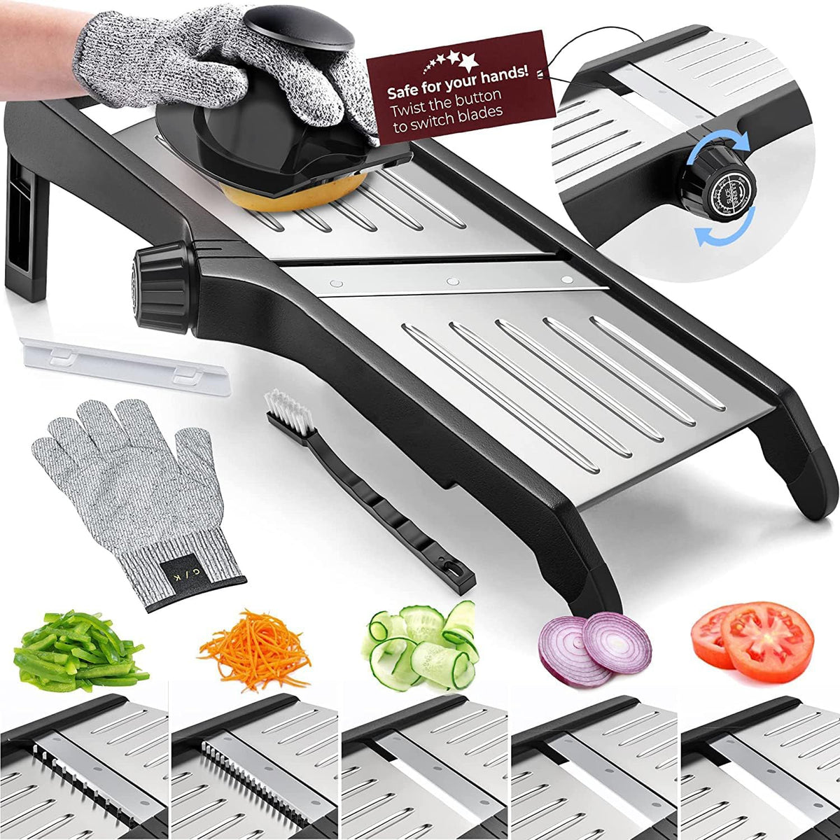 Verstellbarer Mandoline-Gemüsehobel mit Schutzhandschuhen