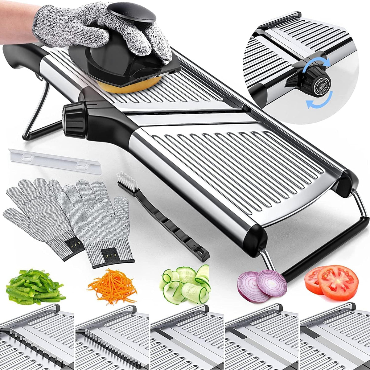 Verstellbarer Mandoline-Gemüsehobel mit Schutzhandschuhen