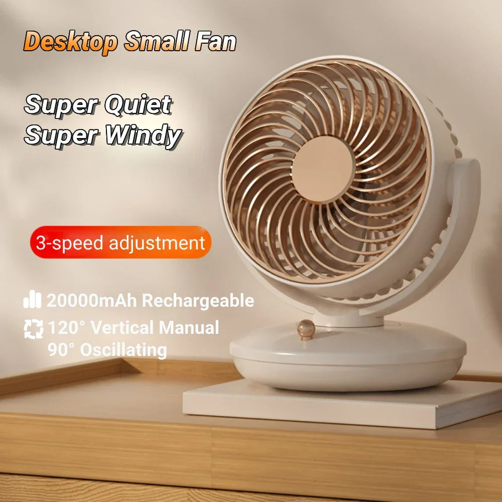 Tischventilator mit 360°-Drehung, USB-Ventilator mit 3 Geschwindigkeitsstufen und Akku, leise und kompakt, für Büro, Schlafzimmer und Zuhause