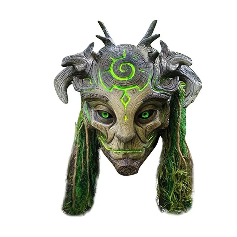 Waldgeist Halloween-Maske mit leuchtend grünen Augen