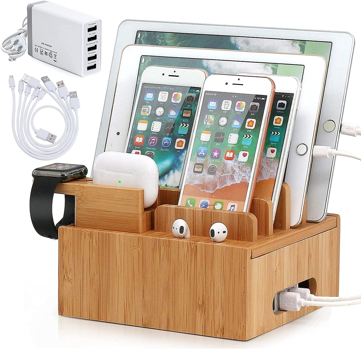 Bambus-Ladestation | 5-Port-USB und Organizer | Für Smartphone, Tablet und Smartwatch | Mit Kabelset