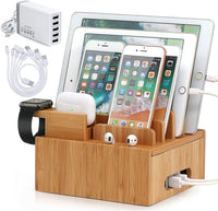 Bambus-Ladestation | 5-Port-USB und Organizer | Für Smartphone, Tablet und Smartwatch | Mit Kabelset